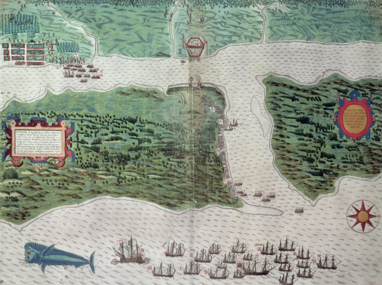 Mapa znázorňující zničení španělské kolonie St. Augustine na Floridě dne 7. července 1586 anglickou flotilou pod velením sira Francise Drakea (1540-96) 1589 (ručně kolorovaná rytina) od Baptista Boazio