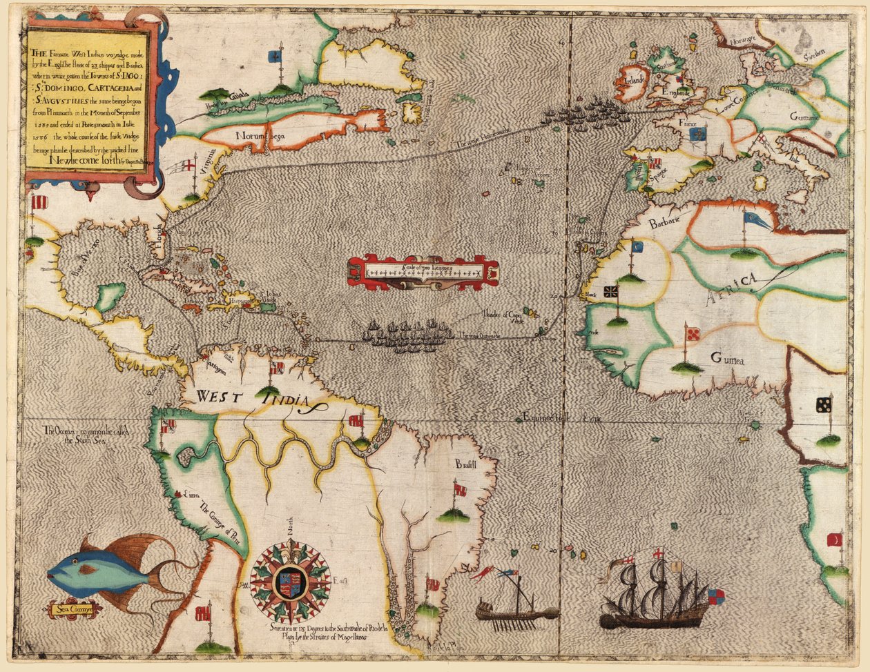 Cesta Route of Drakes přes Atlantský oceán, 1586 od Baptista Boazio