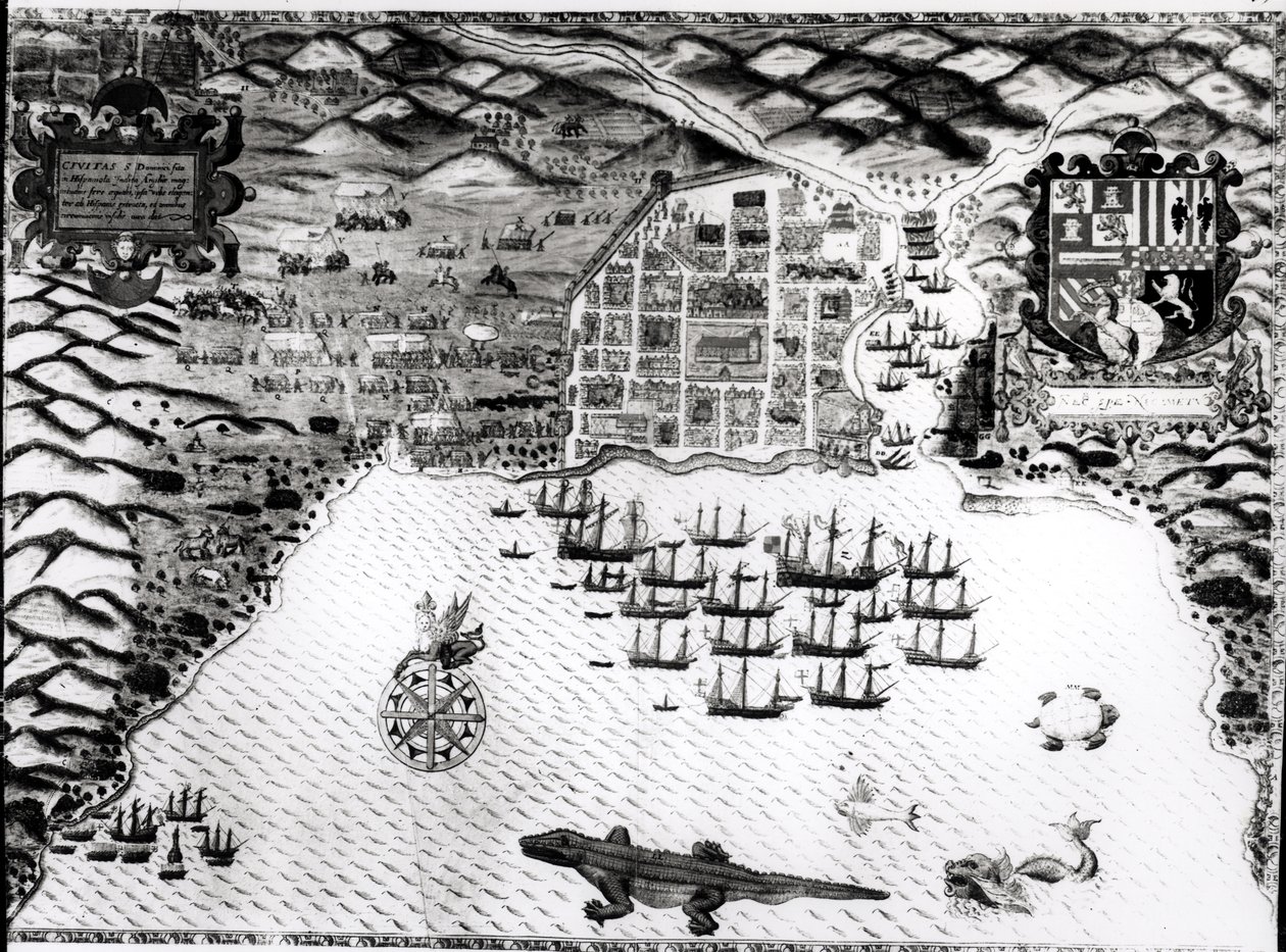Santiago, Kapverdy, 1589 (ručně kolorovaná rytina) od Baptista Boazio