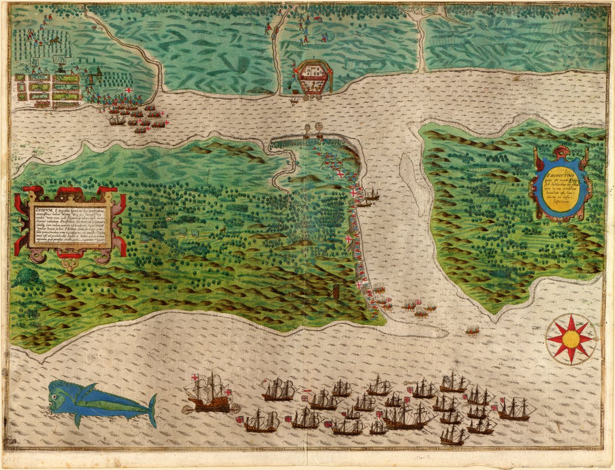 Augustine z Drakes West Indian Voyage 1585 - 86, hospoda. 1589 (ručně kolorovaná rytina) od Baptista Boazio