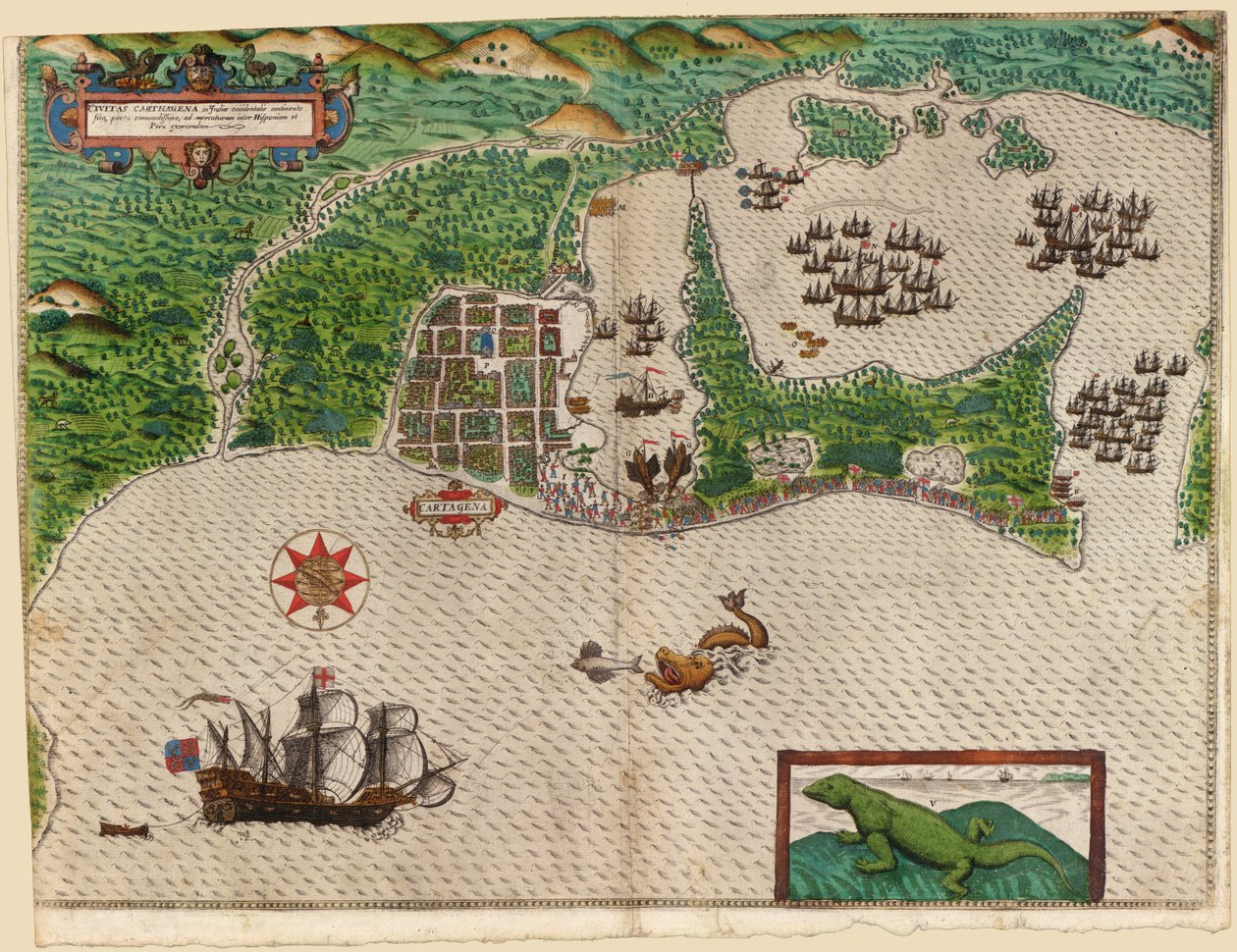 Cartagena, z Drakes West Indian Voyage 1585 - 86, hospoda. 1589 (ručně kolorovaná rytina) od Baptista Boazio