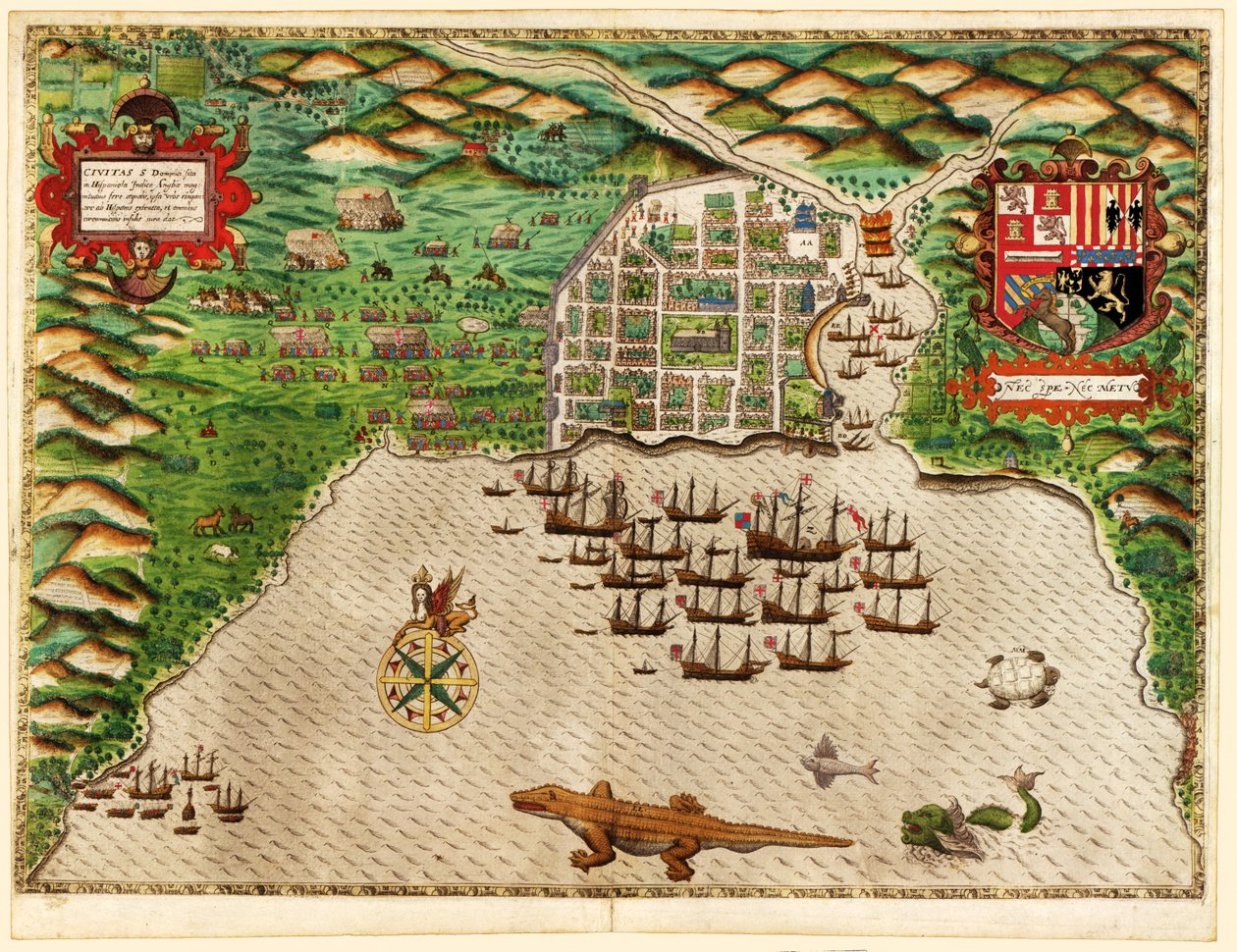Domingo, z Drakes West Indian Voyage 1585 - 86, hospoda. 1589 (ručně kolorovaná rytina) od Baptista Boazio