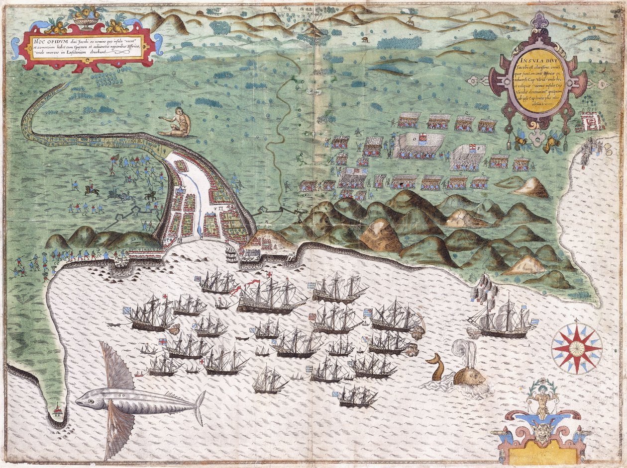 Pohledový plán Santiaga, Kapverdské ostrovy, zobrazující útok Sira Francise Drakea na španělskou pevnost 17. listopadu 1585, c.1588-9 od Baptista Boazio