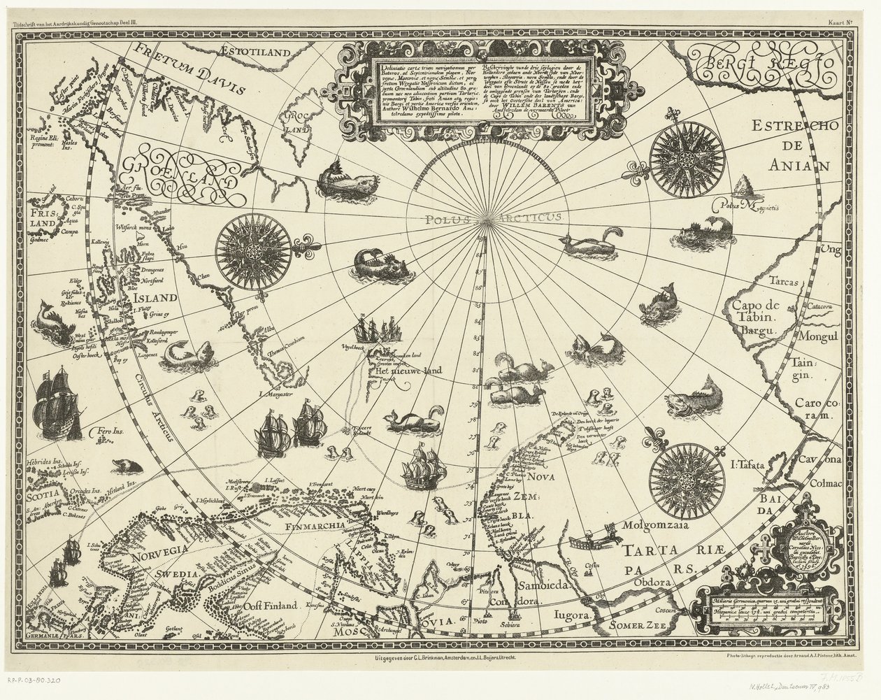 Mapa zemí kolem polárního kruhu se třemi plavbami Nizozemců v roce 1598 od Baptista van (after) Doetechum