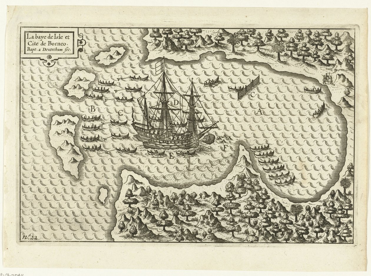 Příjezd na Borneo, 1600 La baye de Isle et Cite de Borneo (název na objektu), RP-P-OB-75.411 od Baptista van Doetechum