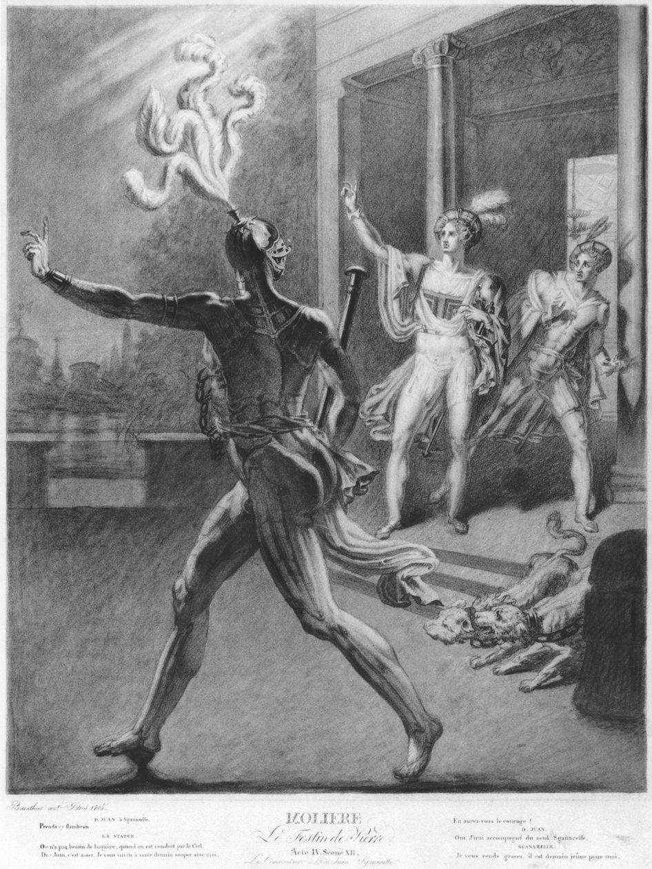 Don Juan a Commendatore, ilustrace ze čtvrtého dějství, scéna 12 Don Juan nebo Le Festin de Pierre od Moliere, 1815 (černobílá fotografie) od Barathier