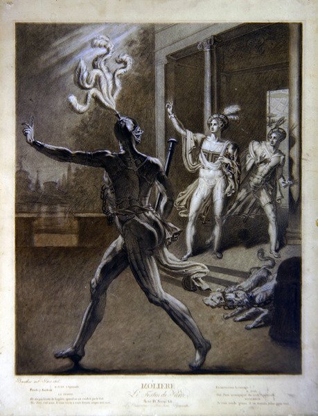 Don Juan a Commendatore, ilustrace z 12. scény IV. dějství hry "Don Juan aneb Slavnost Pierra" od Moliera od Barathier Barathier