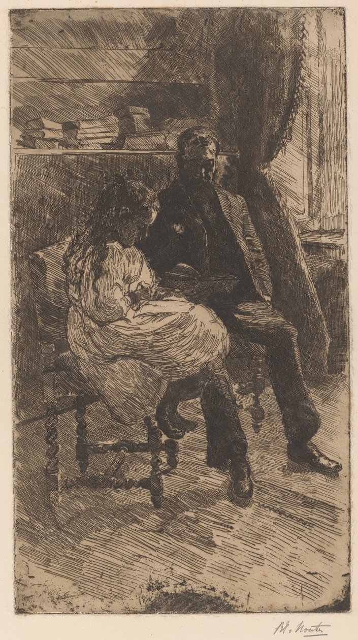 Interiér s mužem a dívkou, kteří spolu čtou knihu od Barbara Elisabeth van Houten (signed by artist)