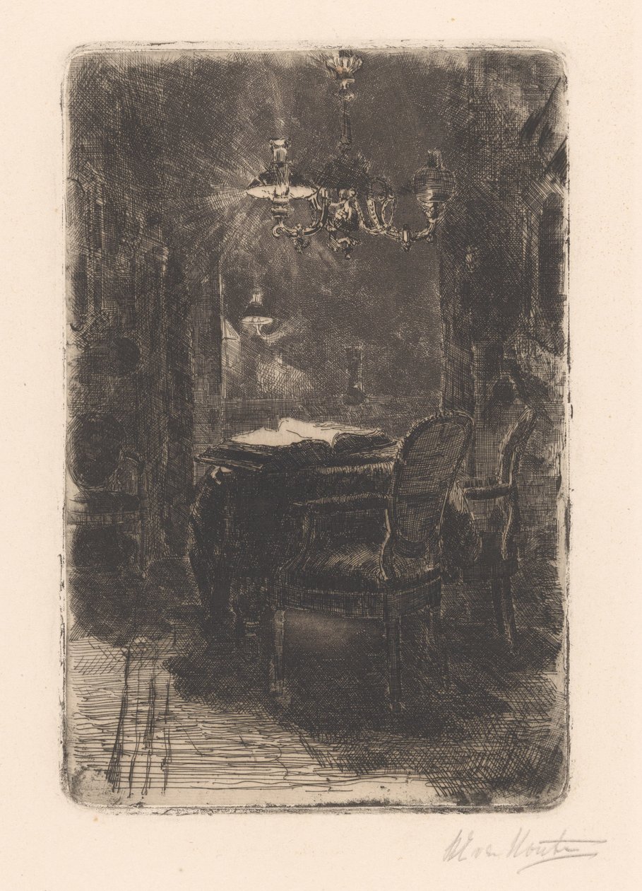 Interiér se zrcadlem a stolem s otevřenou knihou od Barbara Elisabeth van Houten (signed by artist)