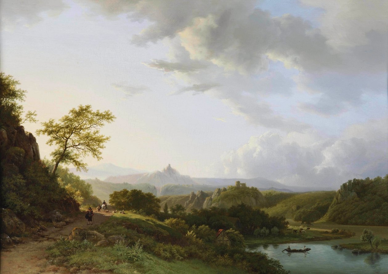 Panoramatická letní krajina s poutníky a zříceninou hradu v dálce od Barend Cornelis Koekkoek