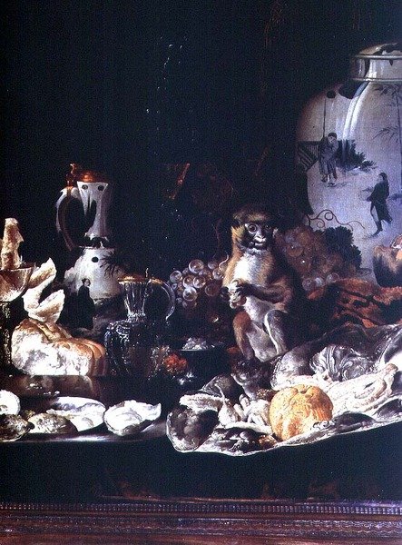 Exotické zátiší s opicí a čínským porcelánem od Barend or Bernardus van der Meer