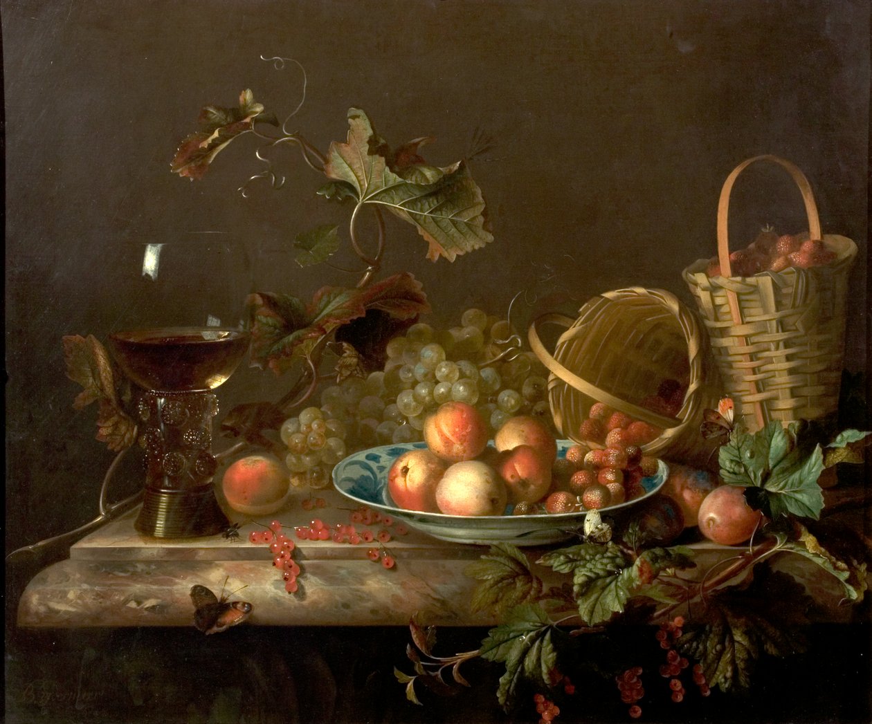 Ovocný kousek se sklenkou na víno, 1692 od Barend or Bernardus van der Meer