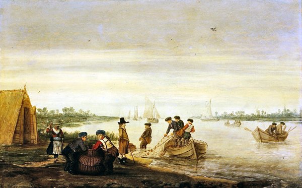 Jokimaisema, jossa kalastajat piirtävät verkkoja od Barent Avercamp