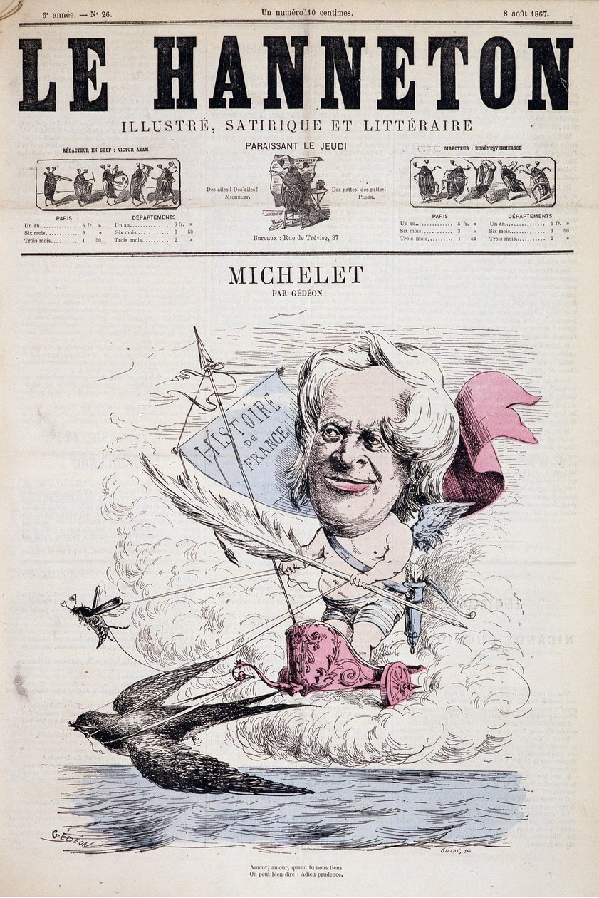 Kreslený Jules Michelet – od Gedeona v “”Le Hanneton”” 8.8.1867 od Baril Gedeon