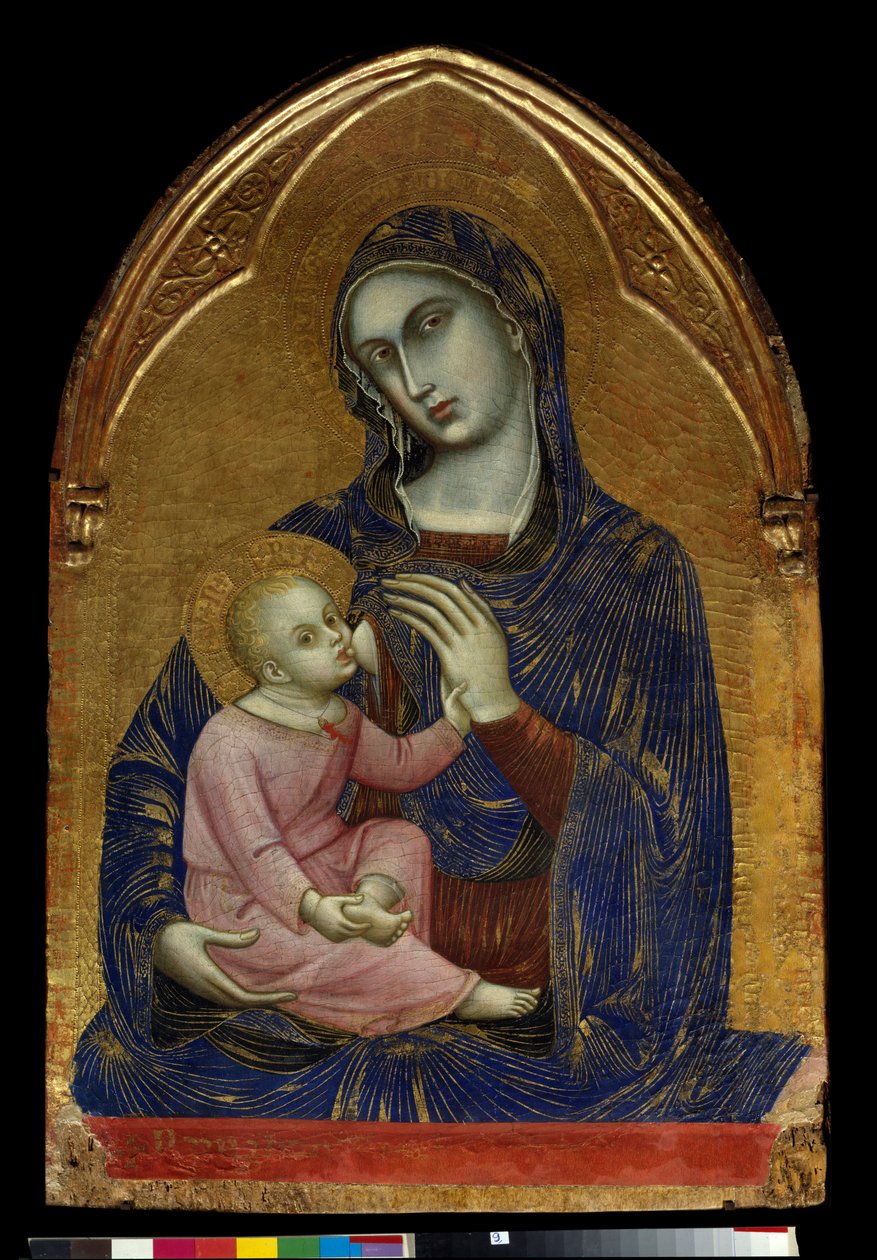 Panna a Dítě Marie kojí Ježíše Krista, který má náhrdelník z korálů. Malba na dřevě od Barnaby da Modena (známý z let 1361 až 1383) Rozm. 1,09x0,72 m Paříž, Musee du Louvre. od Barnaba da Modena