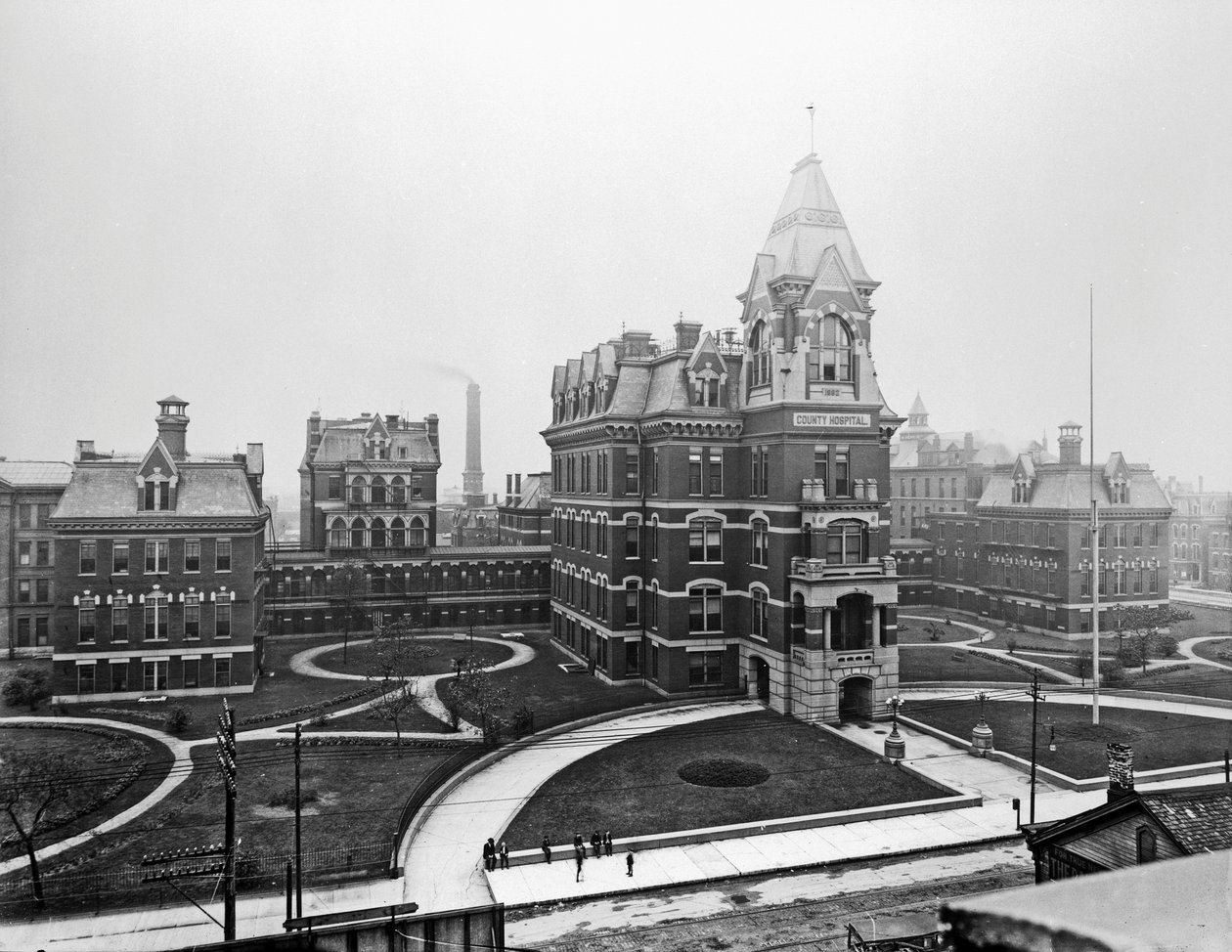 Cook County Hospital, cca 1900, Chicago, Illinois, USA, cca 1900 (černobílá fotografie) od Barnes and Crosby