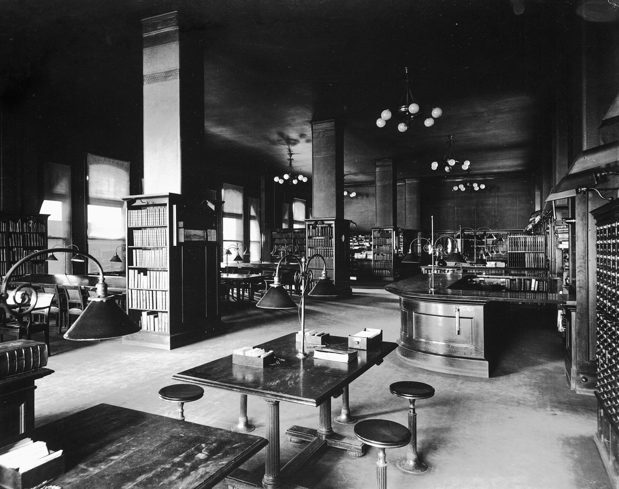 John Crerar Library, Chicago, Illinois, USA, cca 1900 (černobílá fotografie) od Barnes and Crosby