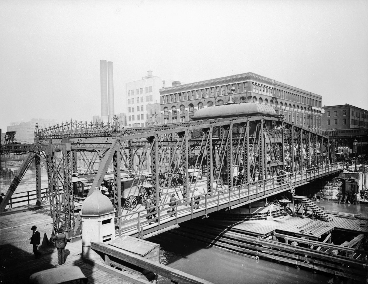 Madison Street Bridge, Chicago, Illinois, USA, cca 1905 (černobílá fotografie) od Barnes and Crosby