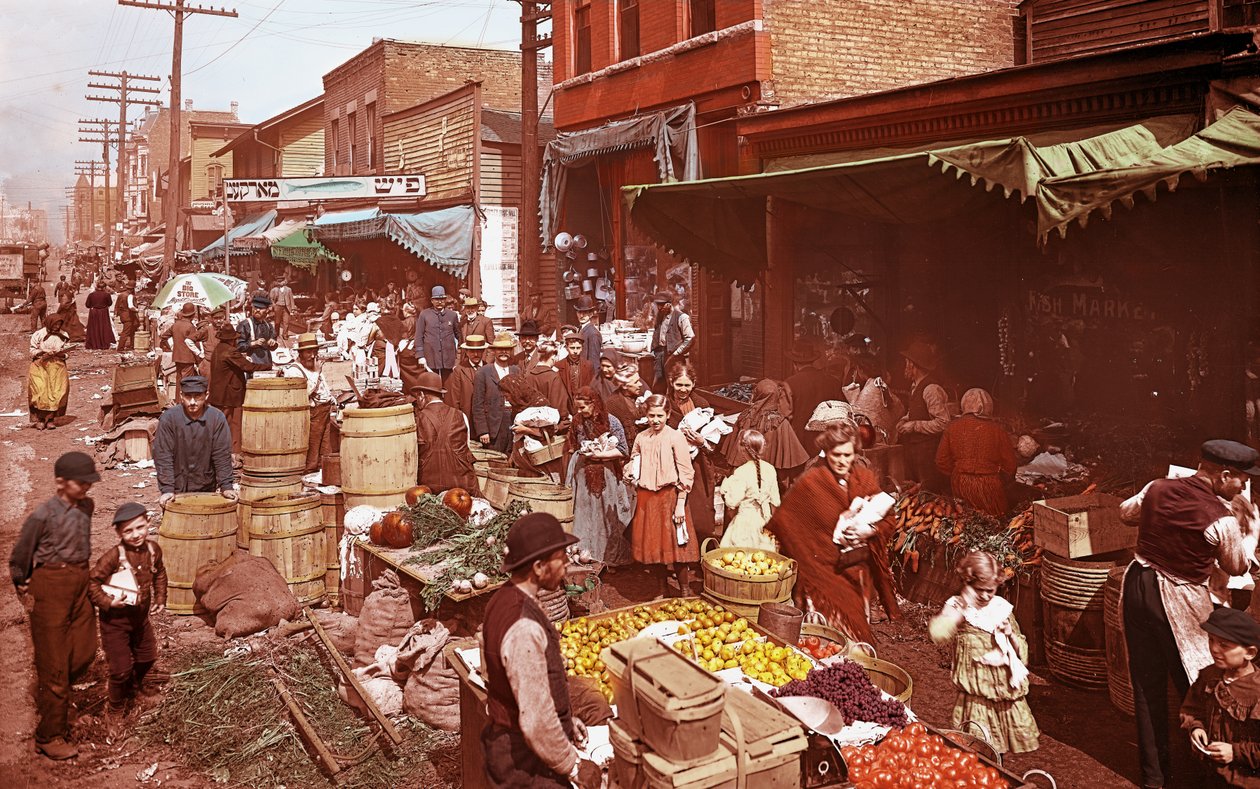 Maxwell Street Market., Chicago, Illinois, USA, kolem roku 1905 (foto) od Barnes and Crosby