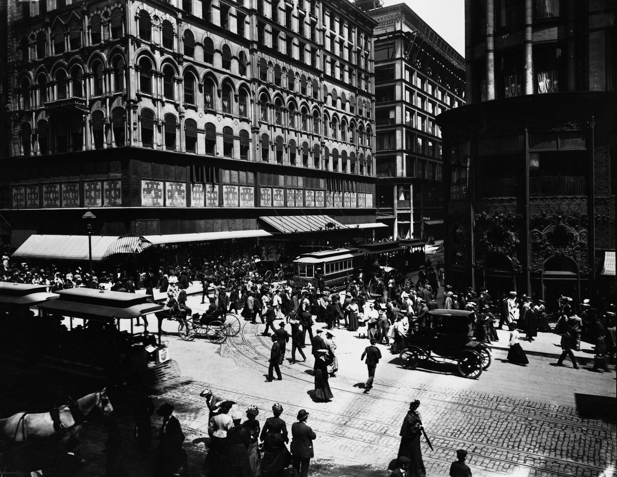 State and Madison Streets, Chicago, Illinois, USA, cca 1905 (černobílá fotografie) od Barnes and Crosby