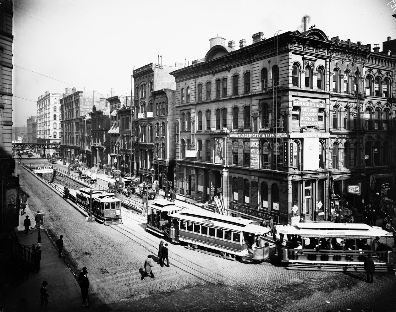 Tramvaje vyjíždějící z tunelu LaSalle Street., Chicago, Illinois, USA, cca 1905 (černobílá fotografie) od Barnes and Crosby