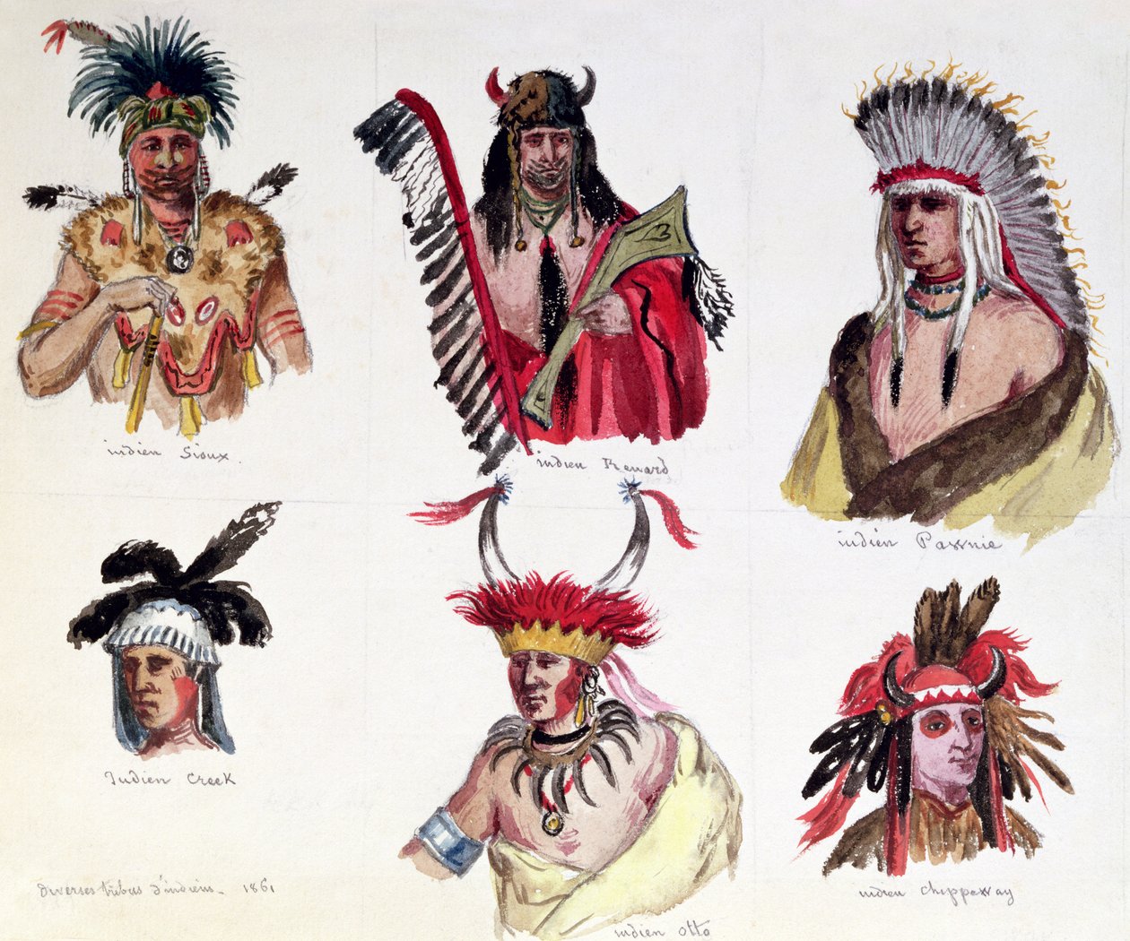 Portréty šesti amerických Indiánů z kmenů Siouxů, Renard, Pawnee, Creek, Otto a Chippewa, 1861 od Maurice Sand