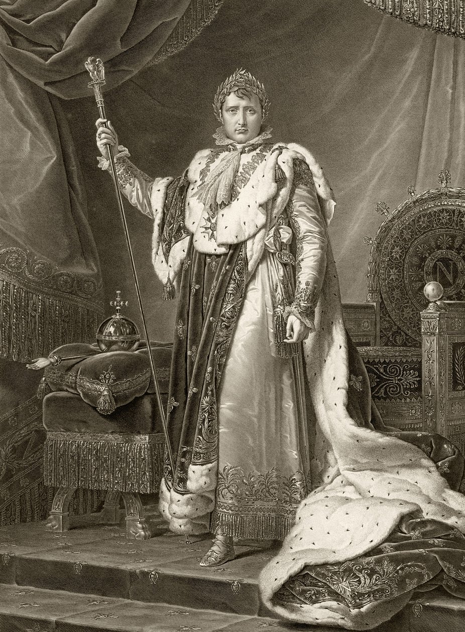 Napoleon I., francouzský císař, ve svém korunovačním rouchu, vyrytý Augustem Desnoyersem (1779-1857) od Baron François Pascal Simon Gérard
