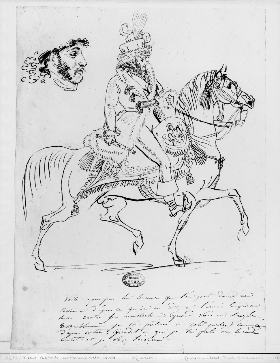 Jezdecký portrét prince Joachima Murata (pero a hnědý inkoust a grafit na papíře) od Baron Antoine Jean Gros