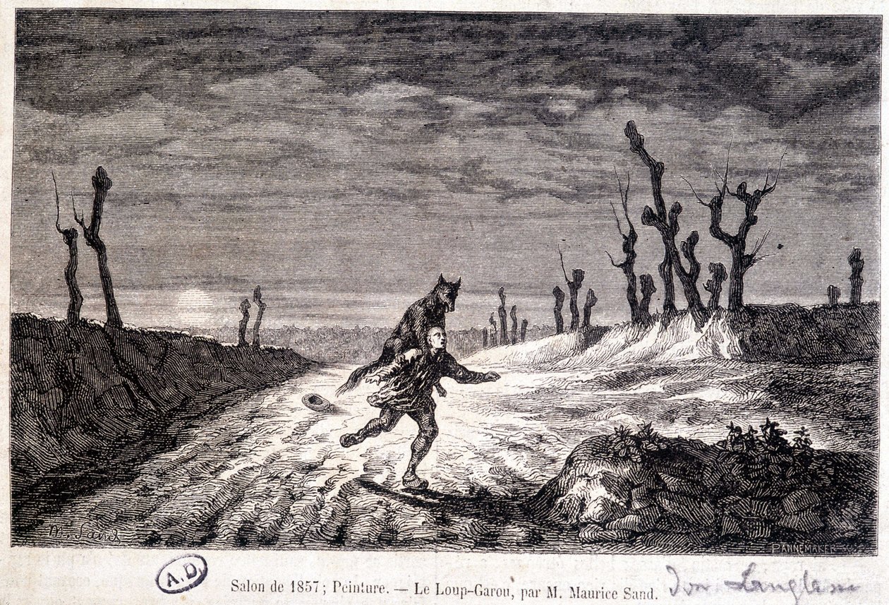 Vlkodlak (vlkolak) útočící na člověka - od ap. obraz Maurice Sand vystavený na Salonu v roce 1857. od Baron Dudevant Jean Francois Maurice (after) Sand