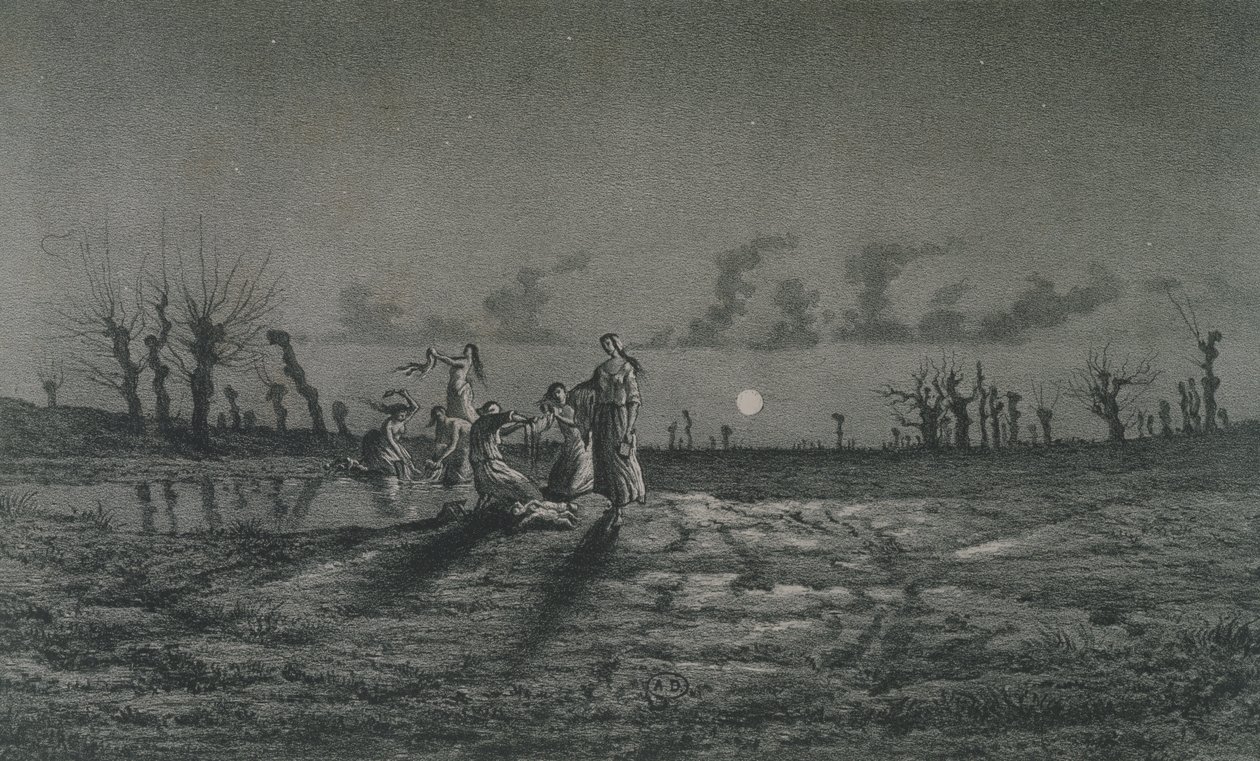Lavandieres aneb Noční pradleny, ilustrace k Legendes Rustiques, George Sandová (1804-76) 1858 od Maurice Sand