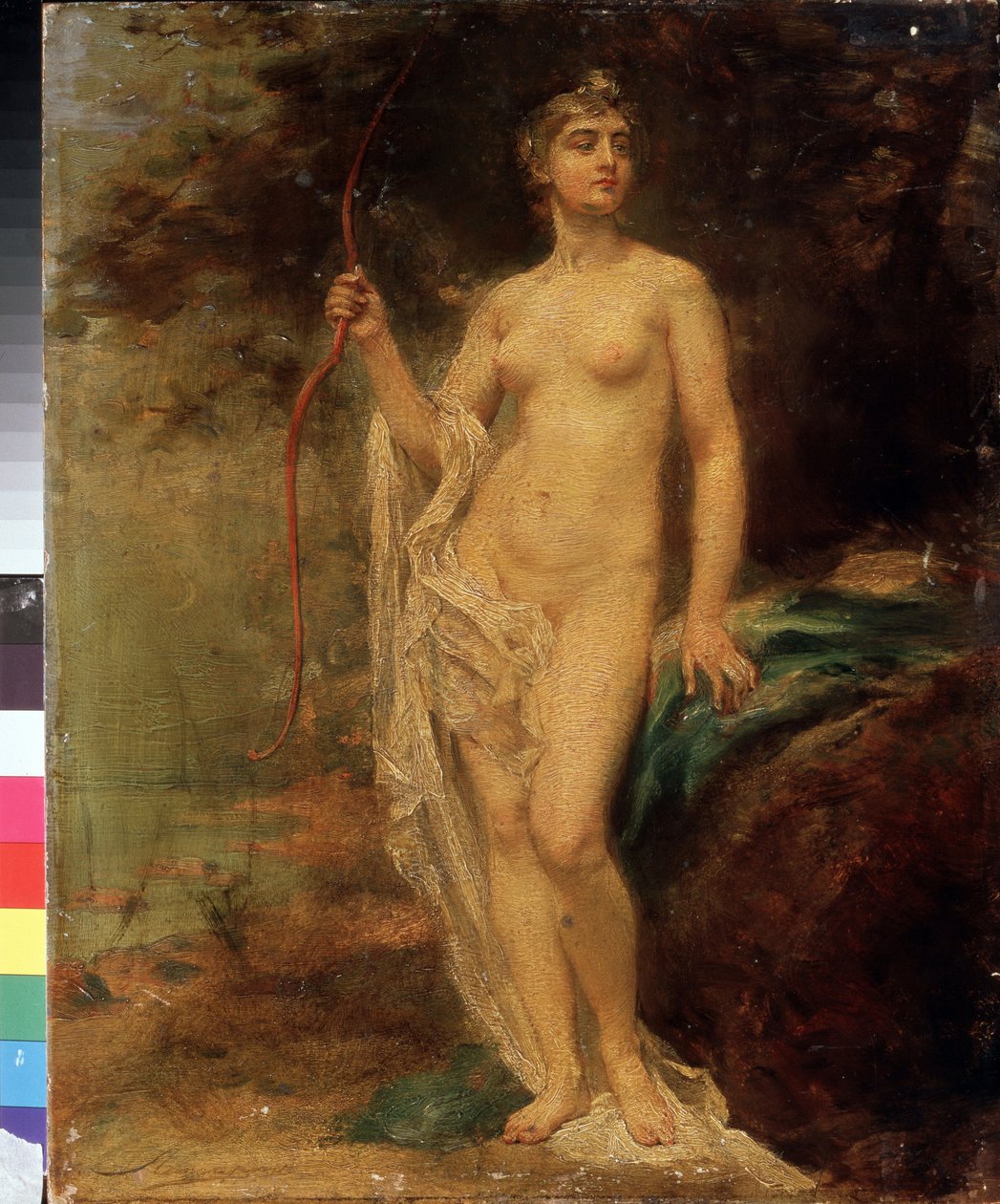 Diana (Diana). Nahá bohyně drží luk s povýšenou tváří poblíž řeky v lese. Obraz Ernesta Karlovicha Lipharta (1847-1932), olej na plátně. ruské umění od Baron Ernest Friedrich von Liphart