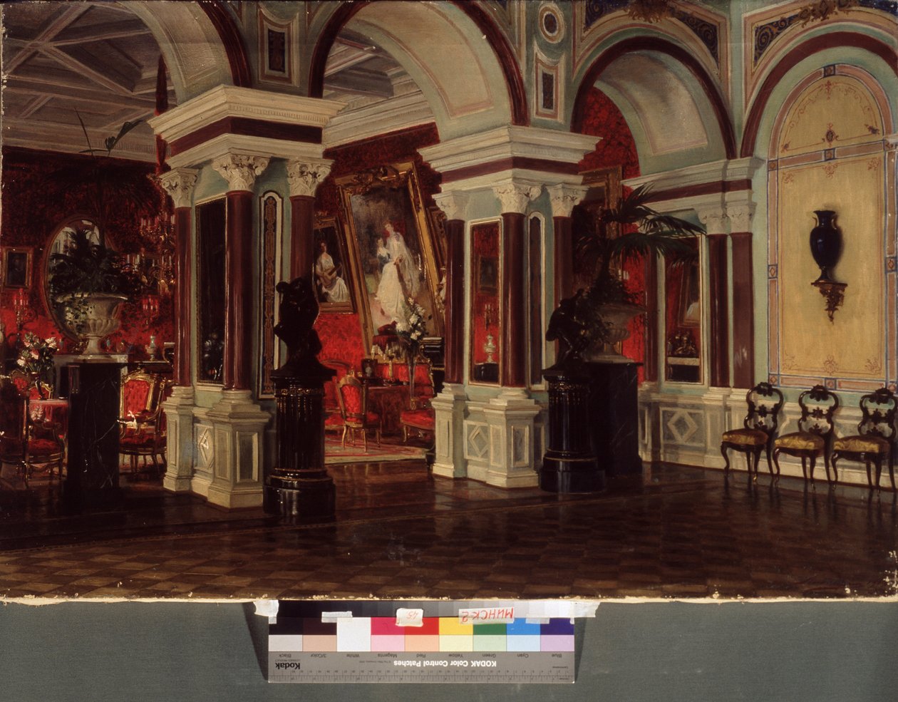 Salonek. Popis architektury a výzdoby (nábytek, malba). Obraz Ernesta Karlovicha Lipharta (1847-1932), olej na plátně od Baron Ernest Friedrich von Liphart