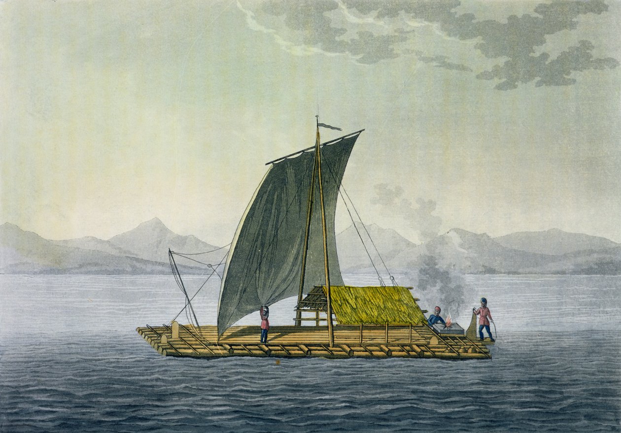Vor opouštějící přístav Guayaquil, Ekvádor, z „Le Costume Ancien et Moderne“, svazek II, deska 9, od Julese Ferraria, vyryto Paolo Fumagalli, vydáno kolem 20.–30. od Baron Friedrich Alexander von Humboldt