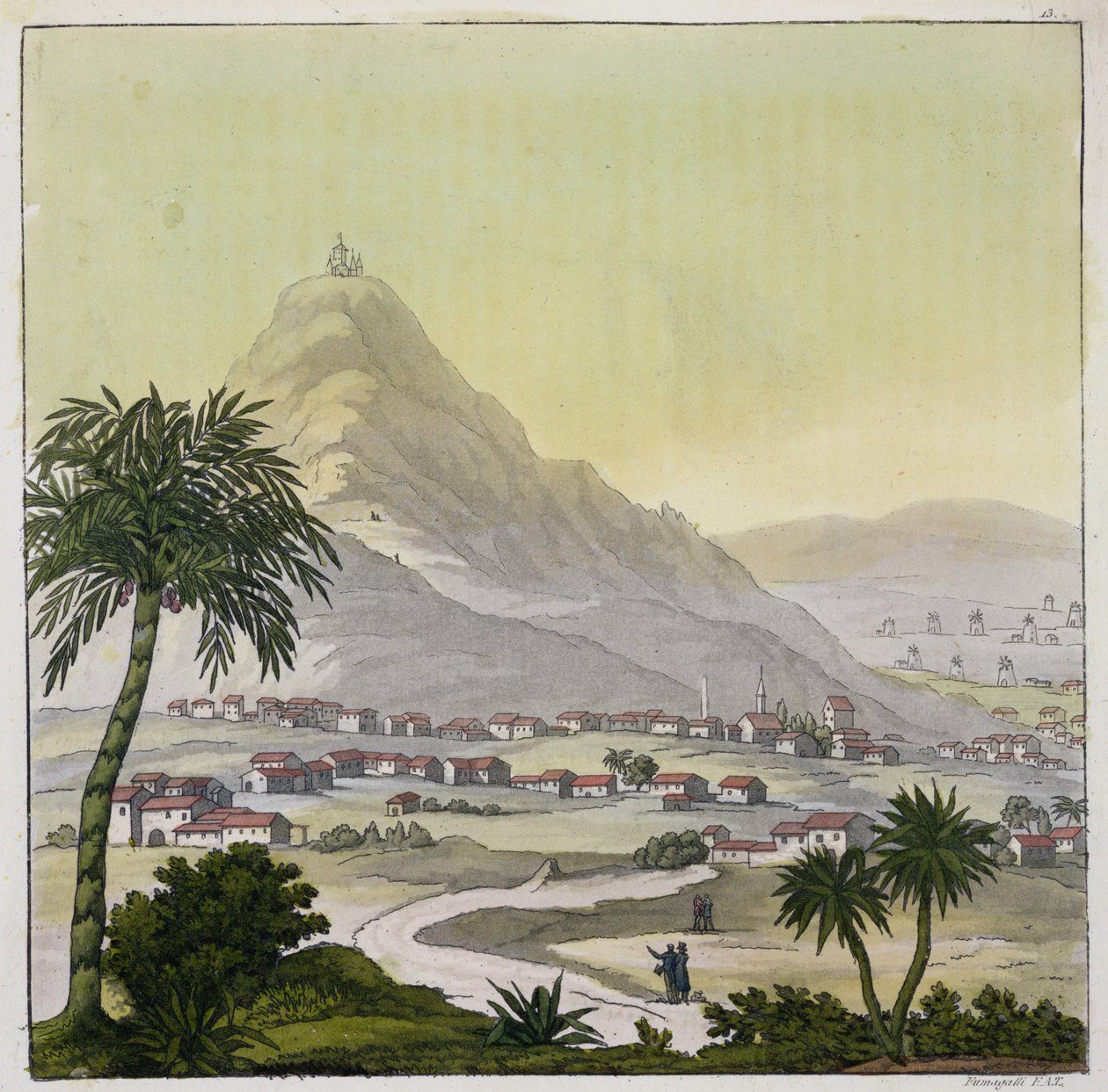Pohled na městečko Lima, Peru, z „Le Costume Ancien et Moderne“, svazek II, deska 13, od Julese Ferraria, vyryto Paolo Fumagalli, vydáno kolem 20.–30. od Baron Friedrich Alexander von Humboldt