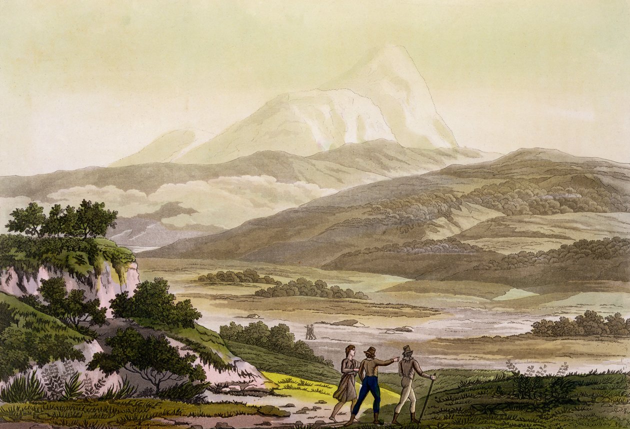 Hora Cayambe, Ekvádor, z knihy "Le Costume Ancien et Moderne", svazek II, deska 3, autor: Jules Ferrario, rytina: Paolo Fumagalli, vydáno cca ve 20.-30. letech 19. století. od Baron Friedrich Alexander von Humboldt