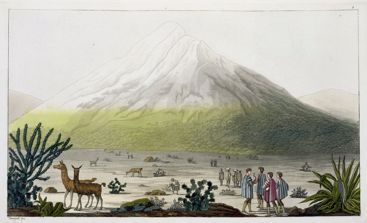 Mount Chimborazo, Ekvádor, z „Le Costume Ancien et Moderne“, svazek II, deska 3, od Julese Ferraria, vyryto Paolo Fumagalli, publikováno kolem 20.–30. let 19. století od Baron Friedrich Alexander von Humboldt