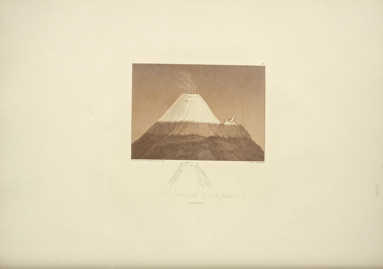 Sopka Cotopaxi, kreslil Gmelin, ryl Arnold, ilustrace z "Vues des Cordillères et Monumens des Peuples Indigènes de l"Amérique" od Alexandra von Humboldta a Aime Bonpland, 1813 od Baron Friedrich Alexander von Humboldt