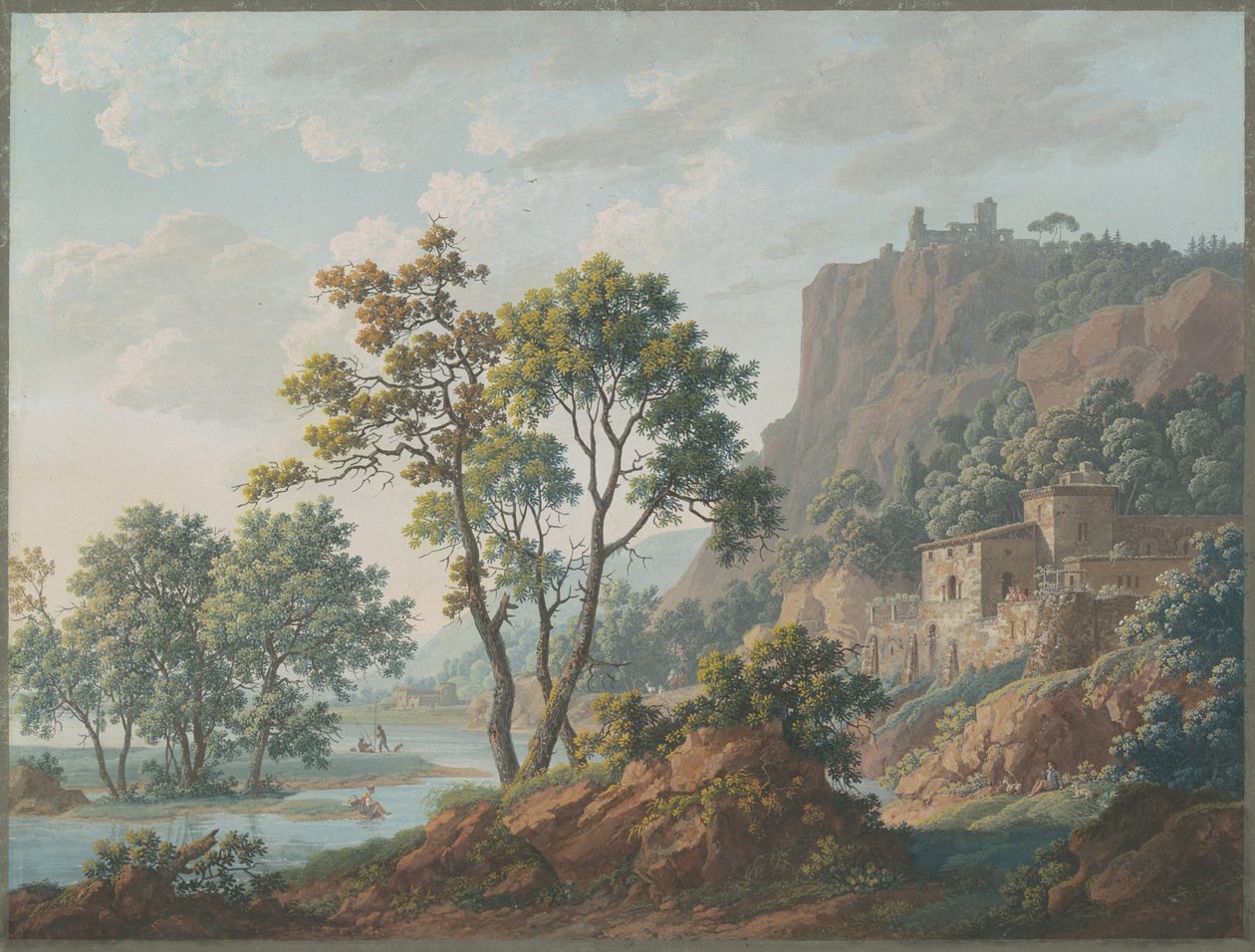 Říční krajina s hrady a rybáři od Baron Louis Albert Guillain Bacler d