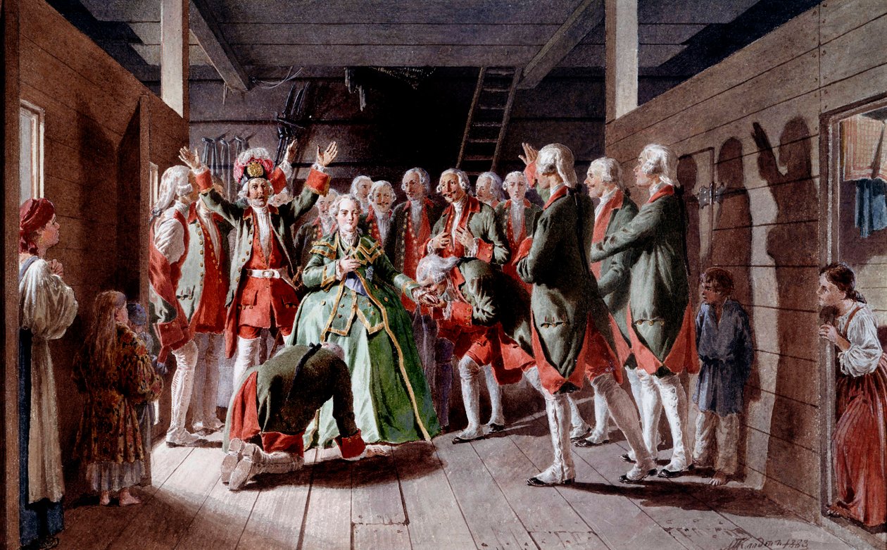 Ruská impresovna Elisabeth Iere Petrovna (1709-1762) v den svého svátku a její budoucnost na císařském trůnu, vojáci přísahají na její věrnost Tisky z Klodtu (19. století) 1883 Ermitážní muzeum, Petrohrad od Baron Mikhail Petrovich Klodt von Jurgensburg