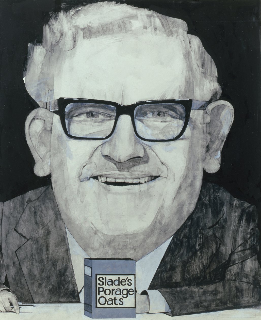 Portrét Ronnieho Barkera, ilustrace pro The Listener, 70. léta (kvaš na palubě) od Barry Fantoni