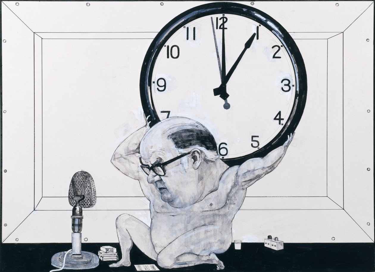 Portrét Williama Hardcastla, ilustrace pro The Radio Times, 70. léta (kvaš a pero a inkoust na palubě) od Barry Fantoni