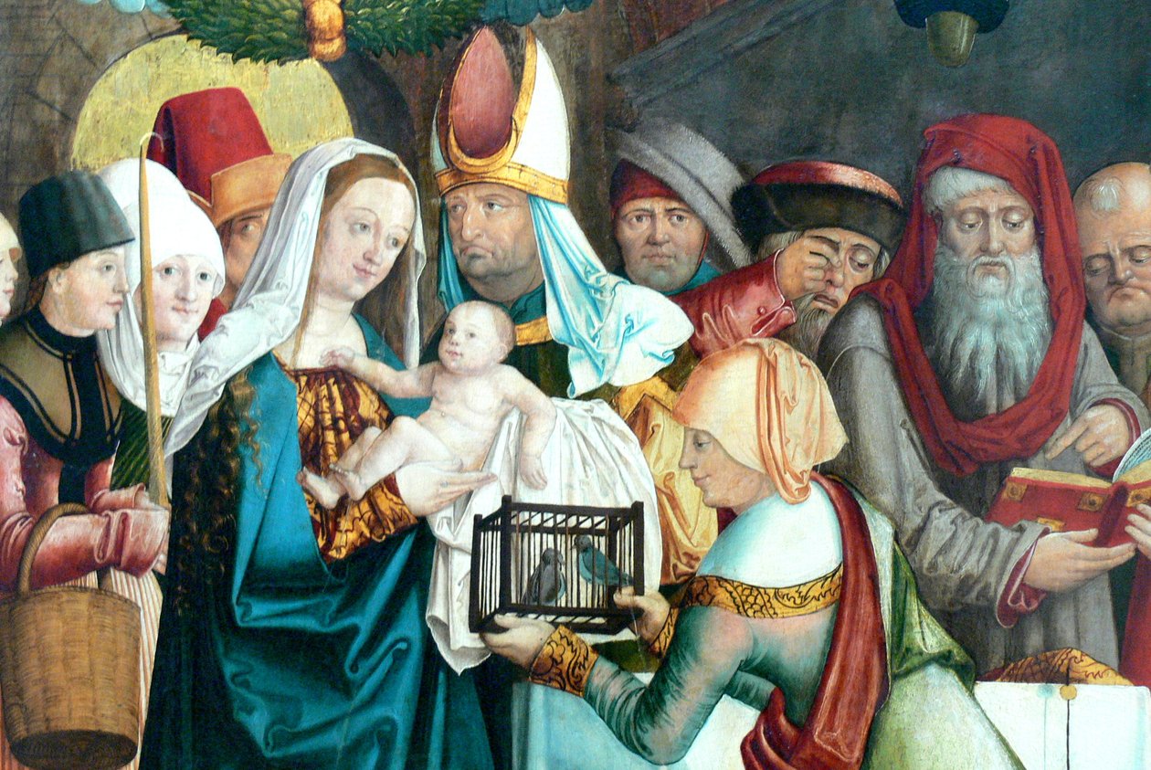 Německy: Křídlo bývalého hlavního oltáře Frauenkirche s výjevy Panny Marie Welserův oltář: Obětování Panny Marie a Ježíše v chrámu od Barthel Beham