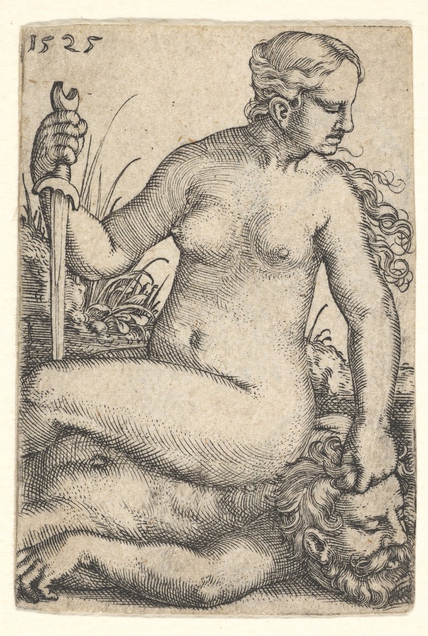 Judith, dívající se doprava, seděla nahá na mrtvém těle Holoferna, s šv..., 1525. od Barthel Beham