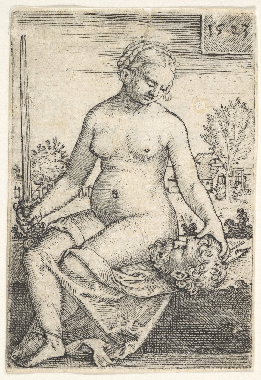 Judith, sedící nahá s mečem v pravé ruce, hledící dolů na hlavu Holoferna ..., 1523. od Barthel Beham