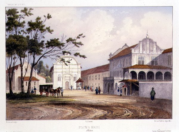 Státní dům v Malacce, vyryl Alfred Leon Lemercier, asi 1840 (ručně kolorovaná litografie) od Barthelemy (after) Lauvergne