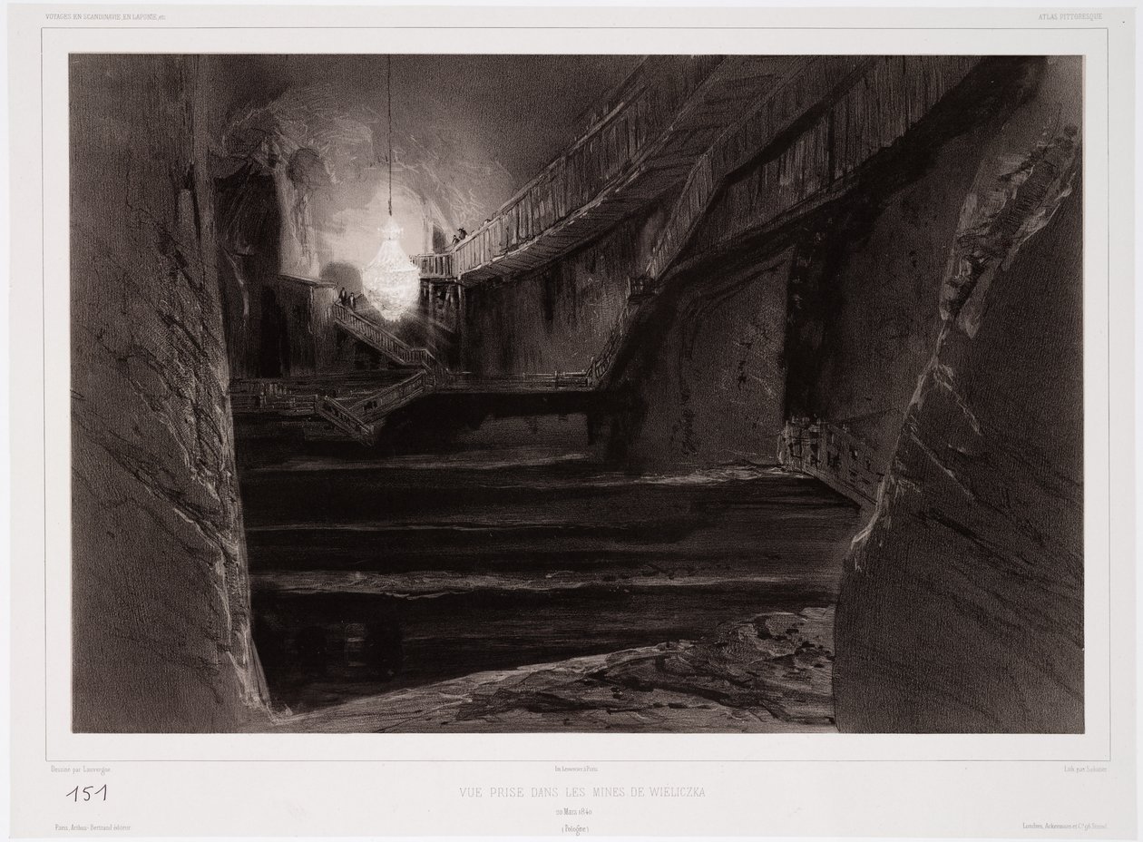Pohled pořízený v dolech Wieliczka, Polsko, 20. března 1840, vyryto Sabatierem (tónované lito) od Barthelemy after Lauvergne