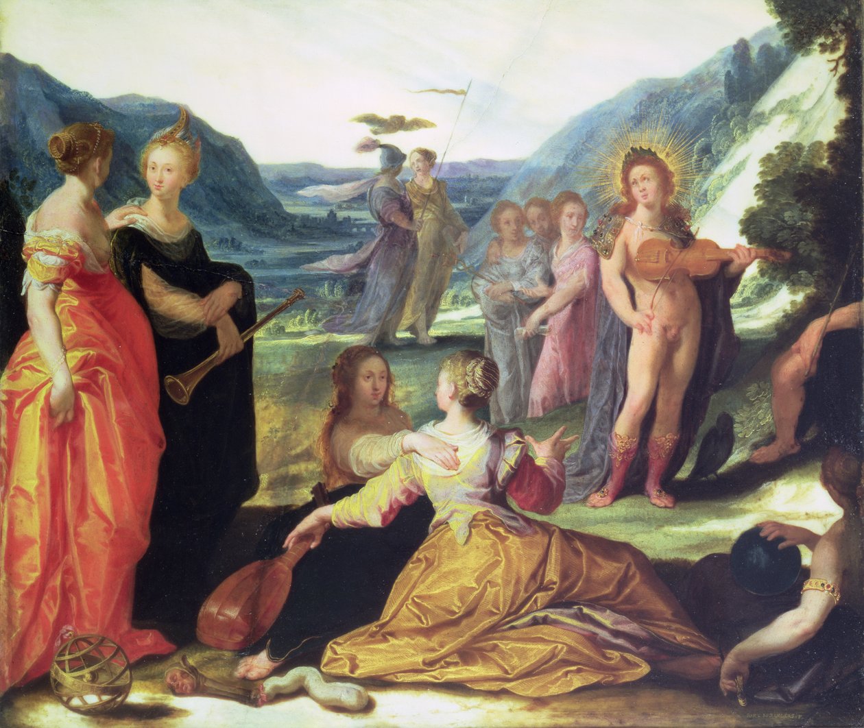 Apollo, Pallas a múzy, 16. století (olej na mramoru) od Bartholomaeus Spranger