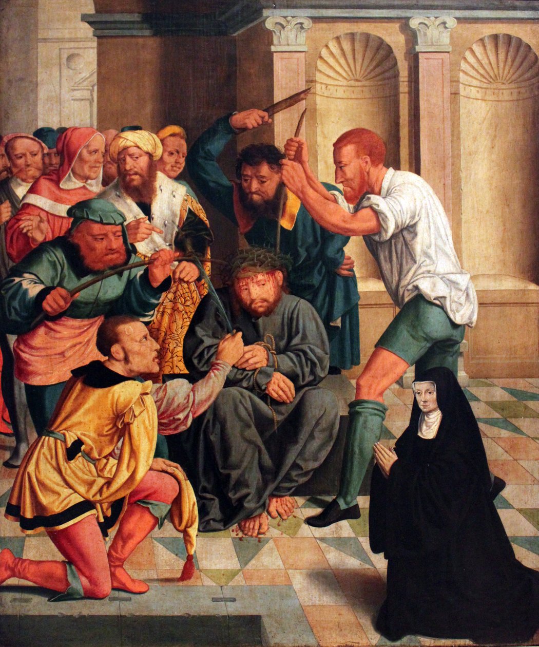německy: Dornenkrönung Christi mit kniender Benediktinerin als Stifterin Kristus korunovaný trním s klečící benediktinkou jako dárkyní od Bartholomaeus Bruyn the Elder