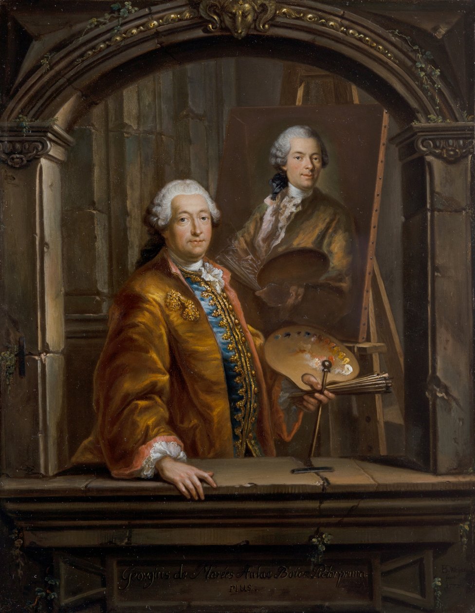 Portrét Georgese Desmaréese u jeho stojanu maluje portrét Johanna Christiana Thomase Wincka od Bartholomäus Ignaz Weiss