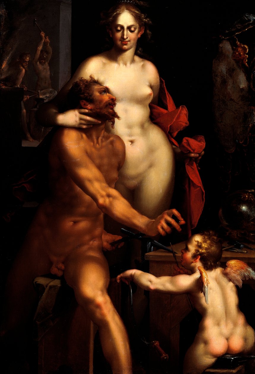 Venuše v kovárně Vulcan, Jupiter a Antiope (malba) od Bartholomaeus Spranger